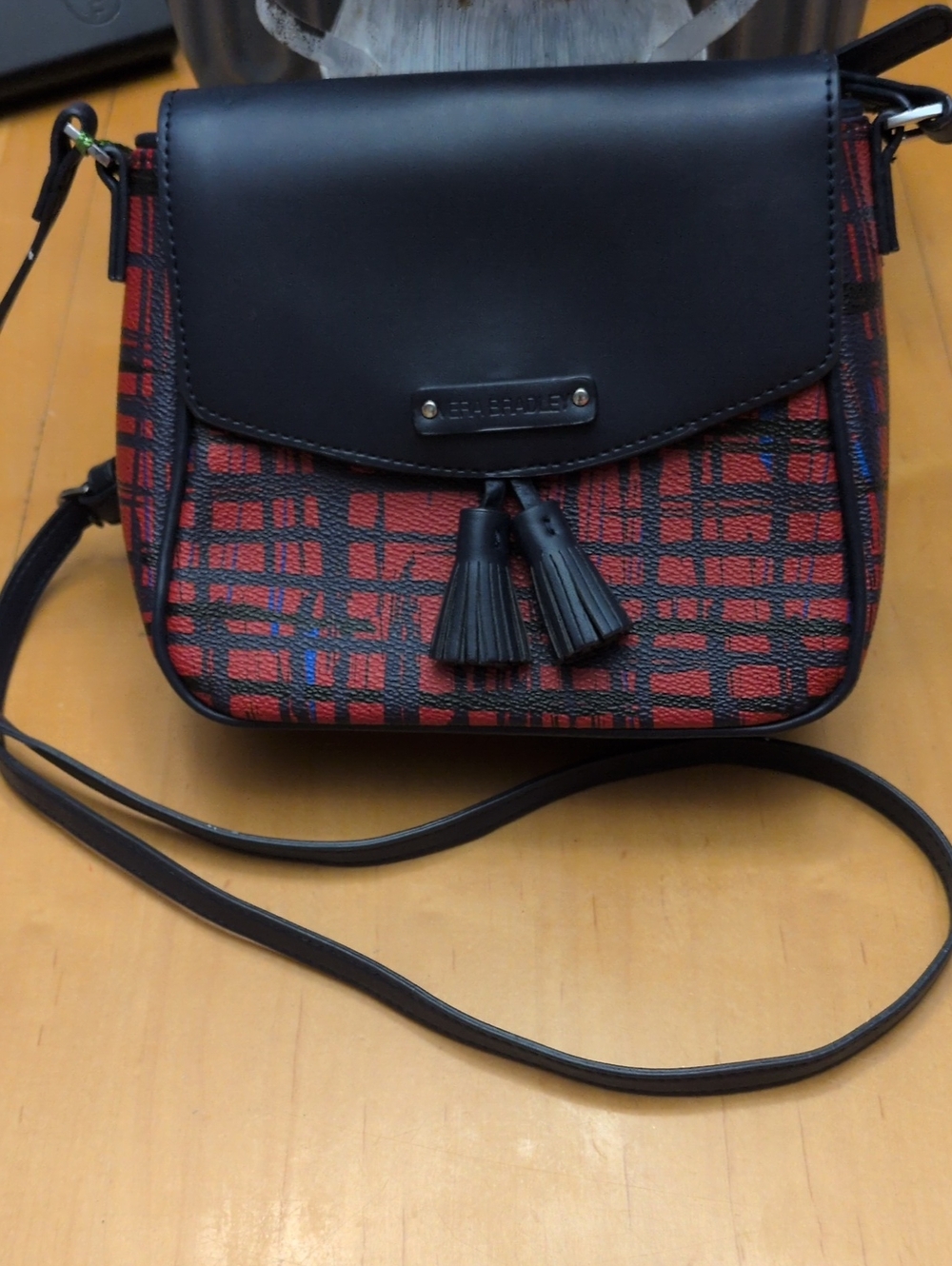 Vera Bradley Red "Art Plaid" Tassel Crossbody with Black Flap and Tassels NWOT